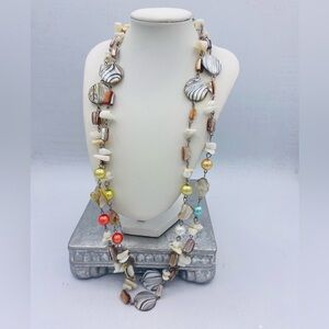 Multicolor Beaded Long Necklace Glass Beads, Mother of Pearl, Faux Pearl
